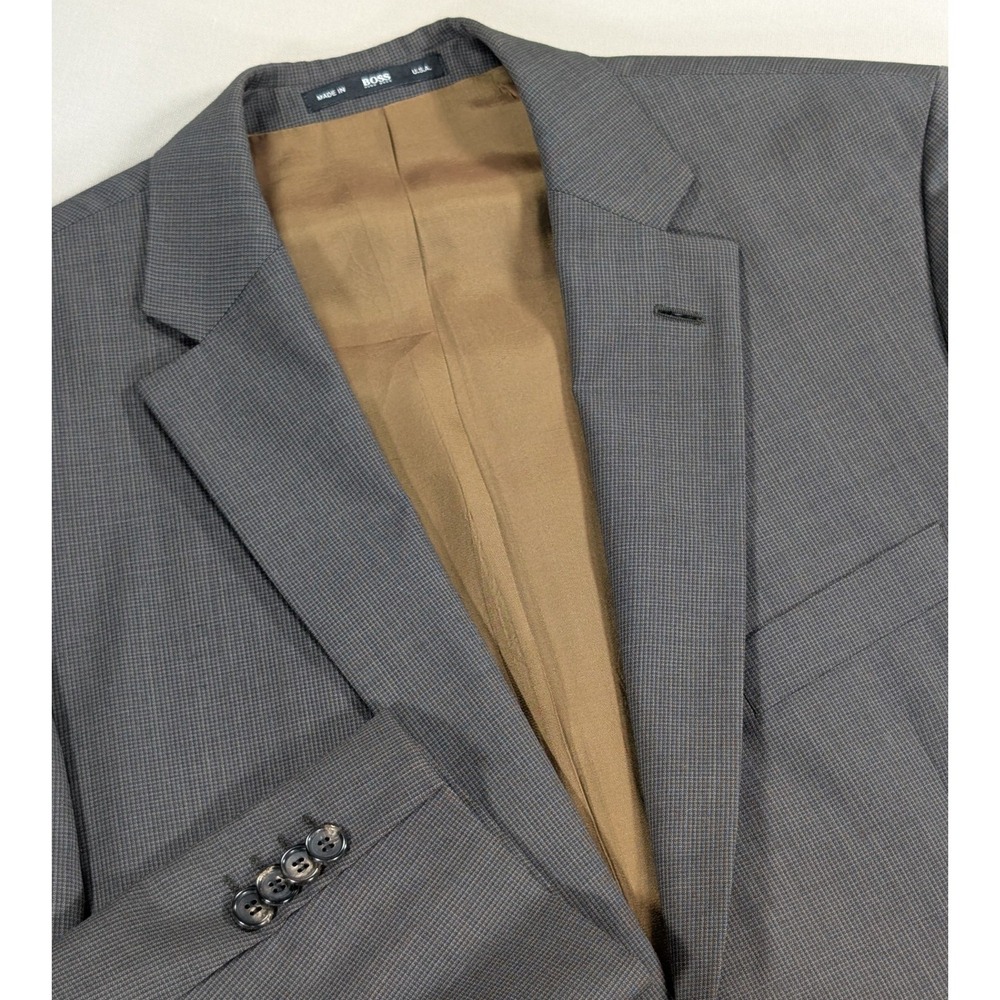 Hugo Boss Men's Gray Micro Check Virgin Wool‎ Blazer Sport Coat 42L USA Made